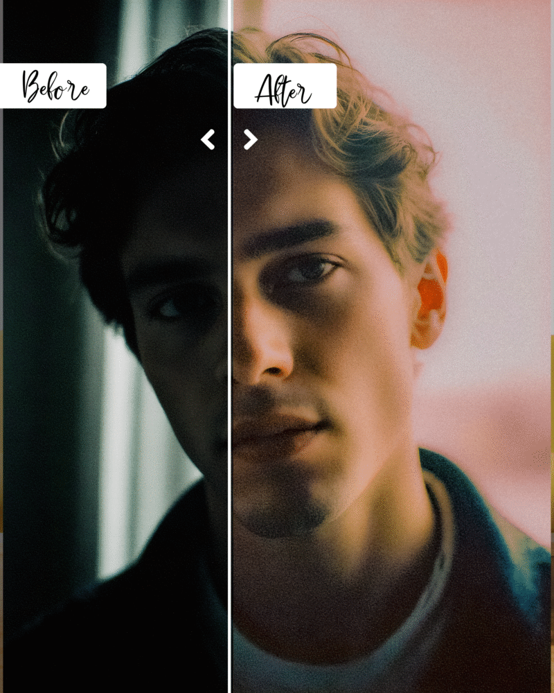 a portrait of a young man showing half the image - before, and half the image - after
