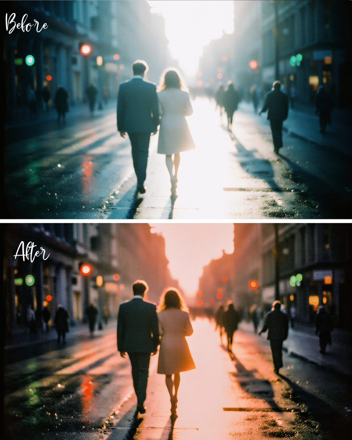 A couple walks holding hands through the city