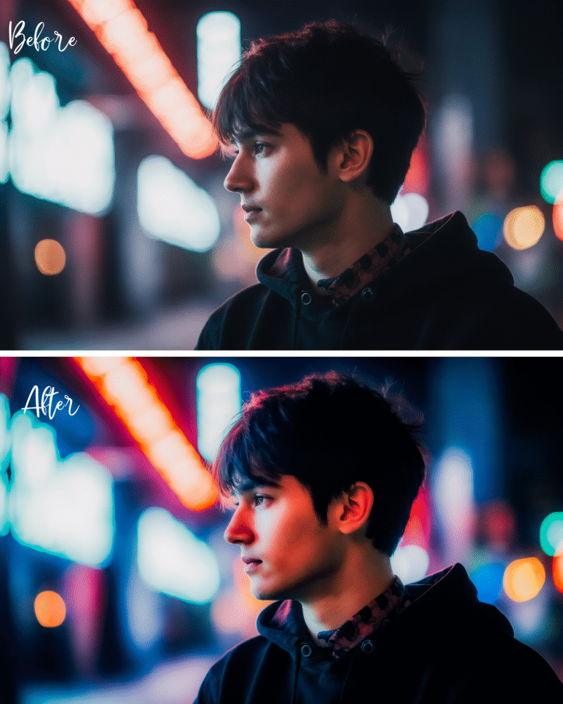 Portrait of young man in neon city lights – cinematic mood.