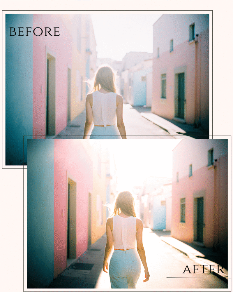 Woman walking in a bright Mediterranean-style corridor with white walls