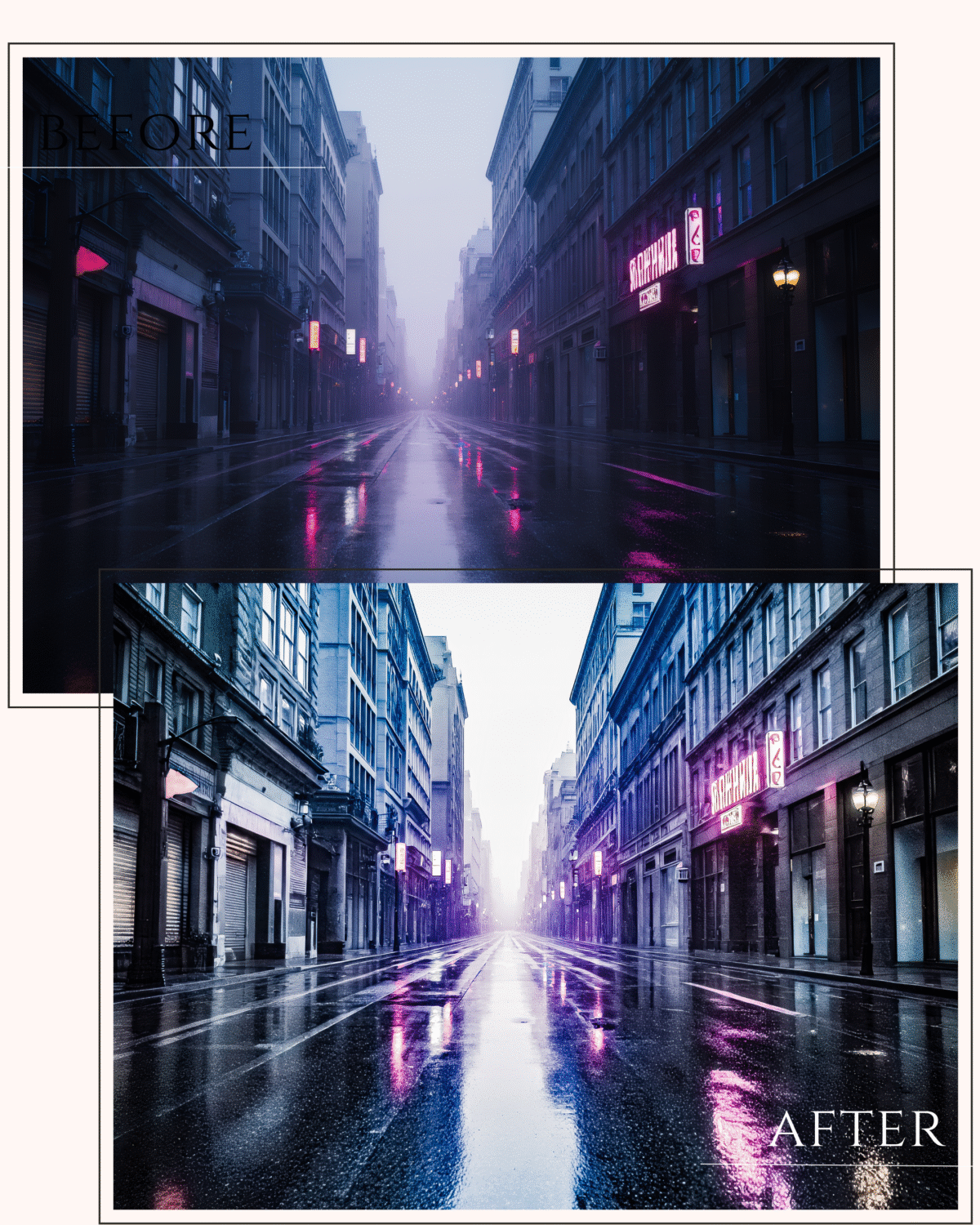 Cyberpunk-inspired street with neon pink and blue reflections