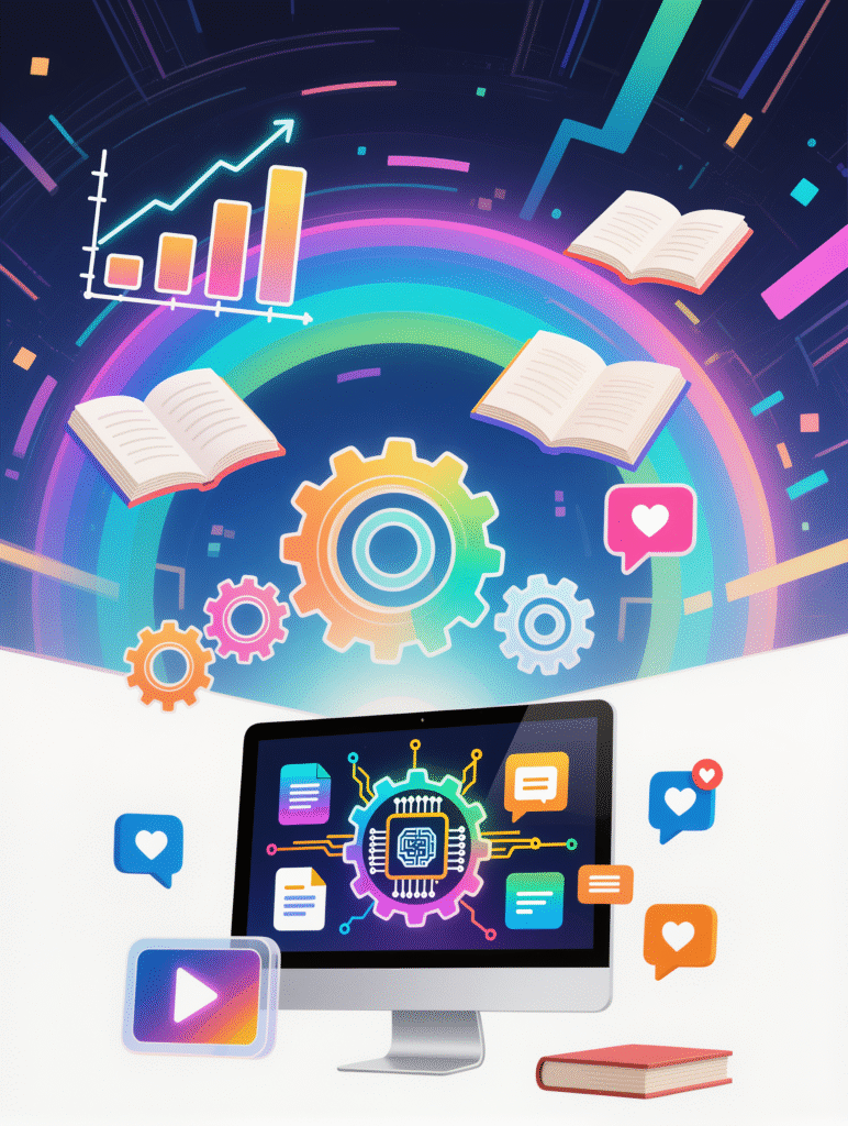 Colorful illustration of AI-powered blogging tools with books, gears, social media icons, and growth charts symbolizing creativity, automation, and content strategy in 2025.