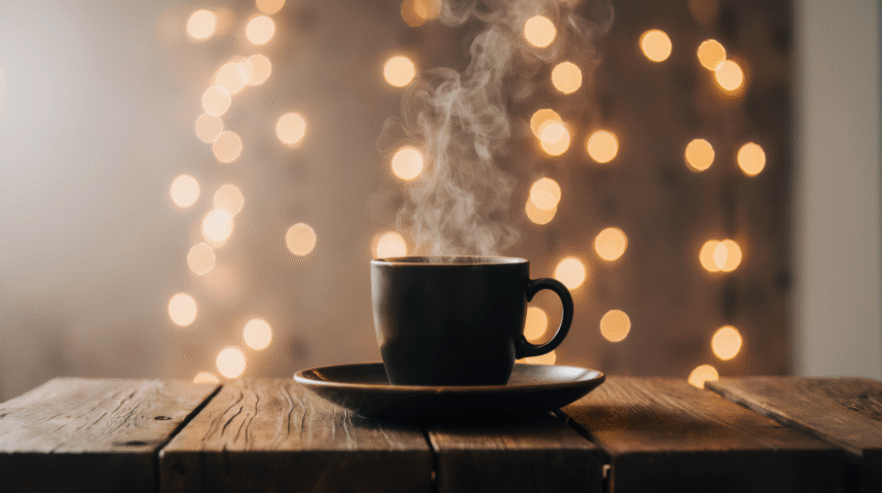 morning coffee in a black coffee mug on the table, with light steam still rising from it