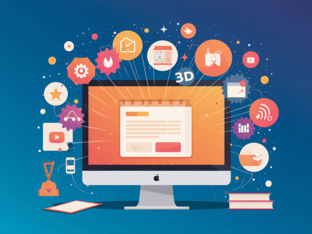 Illustration of a computer with bright 3D icons representing creativity, blogging, video, social media, and digital content.