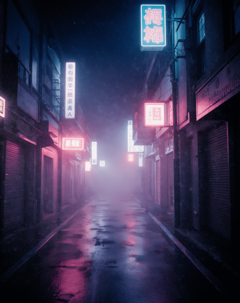 Cyberpunk alley with neon signs in futuristic city.
