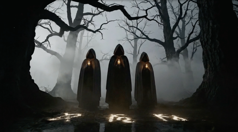 Three hooded figures holding candles in a foggy dark forest, performing a ritual under eerie twisted trees.