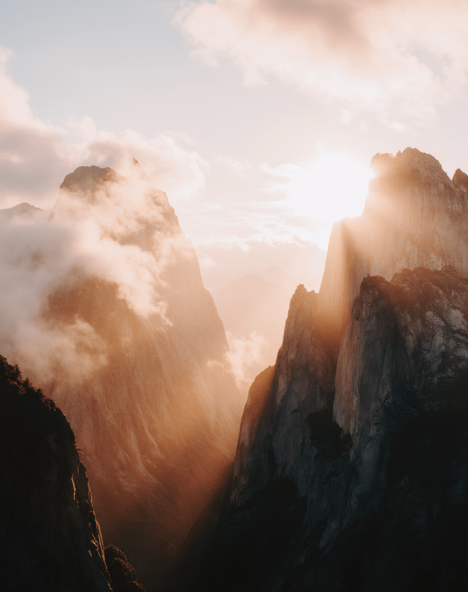 Rise & Shine – Dawn Landscape Poster Collection 6 Mountain peaks glowing in sunrise light with mist.