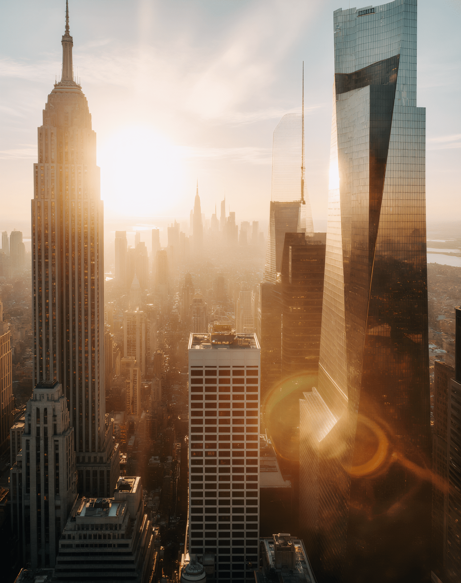 Rise & Shine – Dawn Landscape Poster Collection 1 Rise & Shine – Dawn Landscape Poster Collection, Futuristic skyscrapers in city skyline with sunlight.