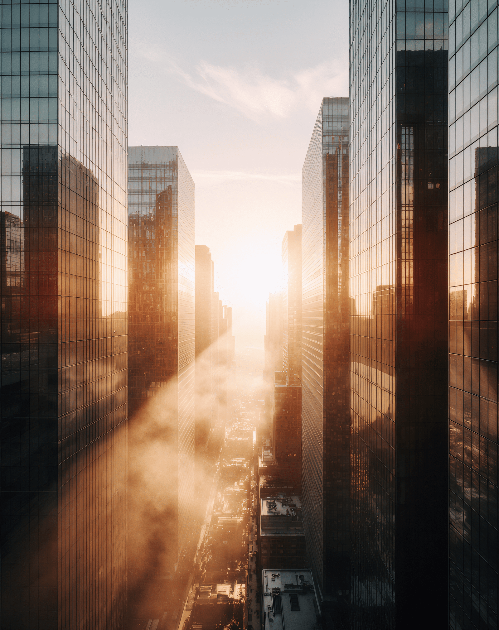 Rise & Shine – Dawn Landscape Poster Collection 2 Futuristic skyscrapers in city skyline with sunlight.