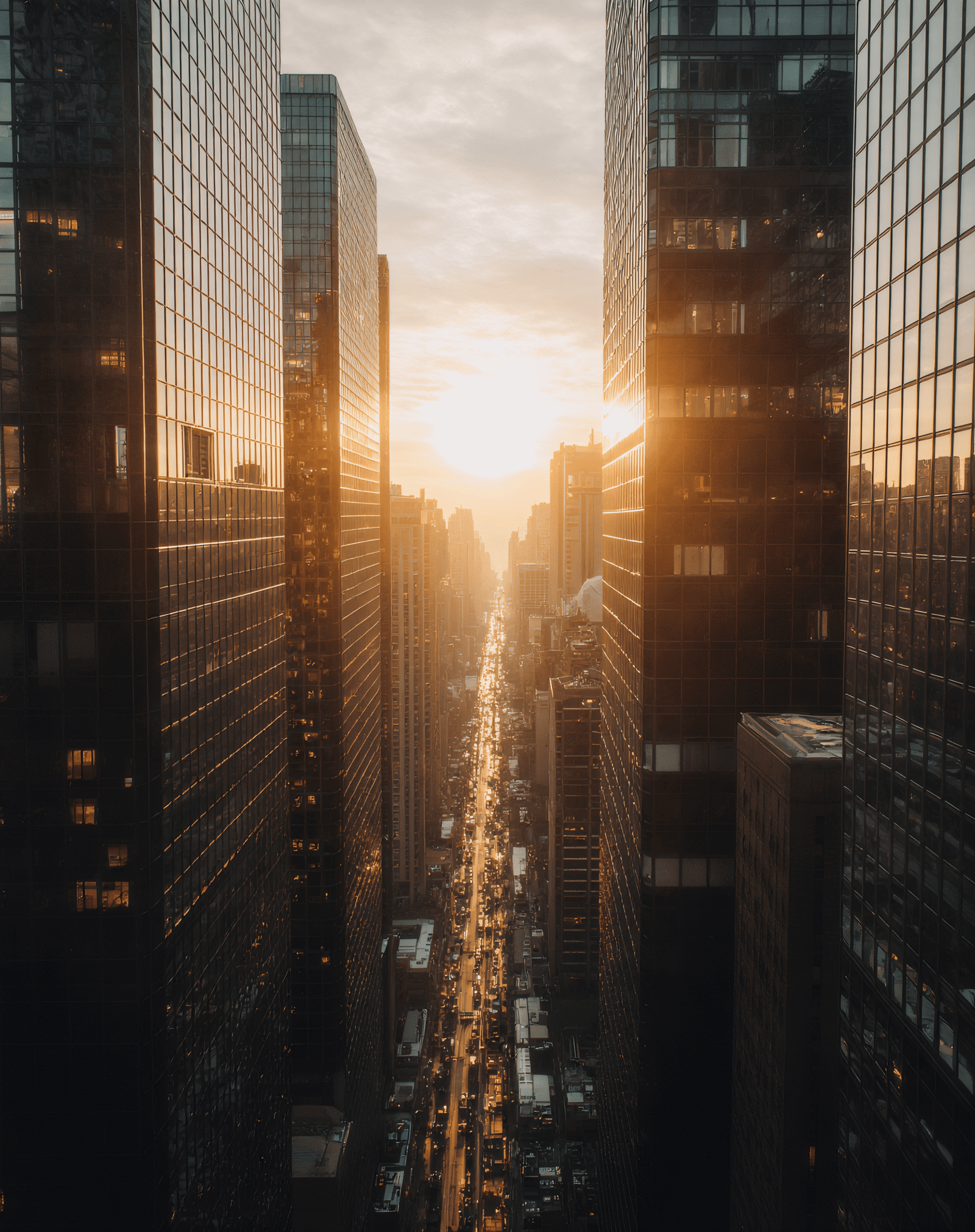 Drone shot over skyscrapers at sunset with warm light.