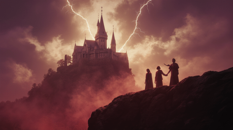Dark gothic castle on a cliff with lightning in the sky, mysterious robed figures standing in the misty foreground.Epic Horror – Cinematic Halloween Trailer Music Pack