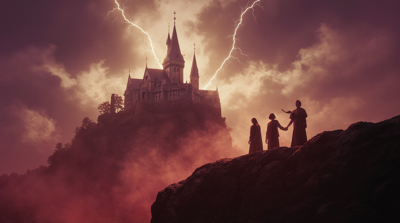 Epic Horror – Cinematic Halloween Trailer Music Pack 1 Dark gothic castle on a cliff with lightning in the sky, mysterious robed figures standing in the misty foreground.Epic Horror – Cinematic Halloween Trailer Music Pack