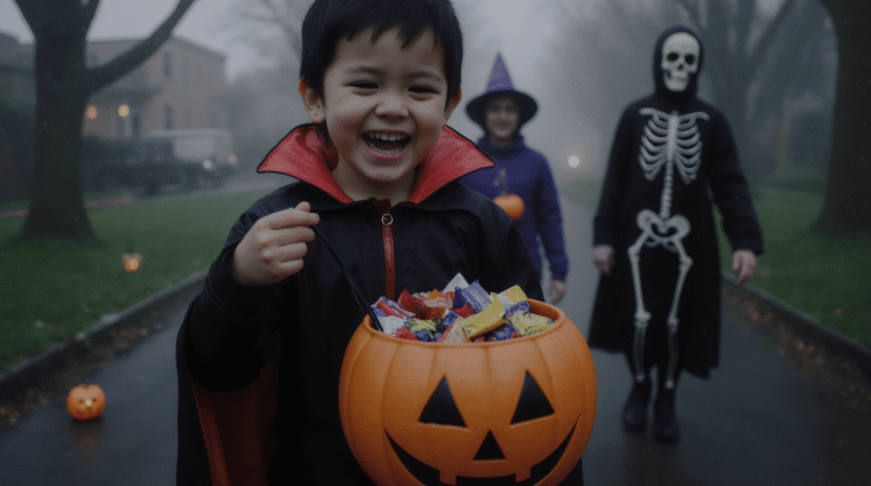 A smiling boy holds a basket of candy he collected for Halloween.