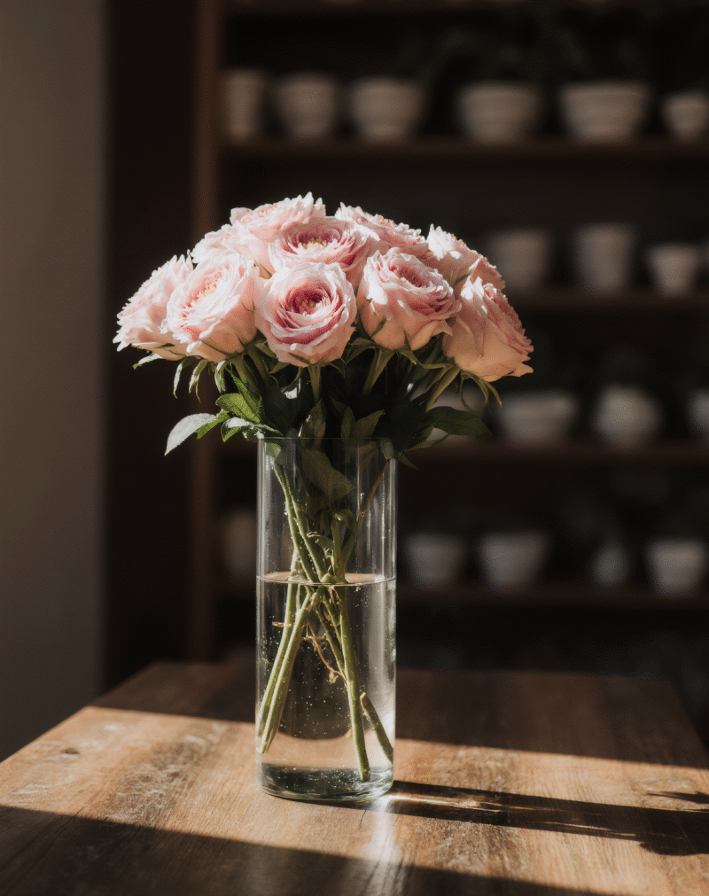 a bouquet of beautiful pink flowers standing on the table in a vase with water
