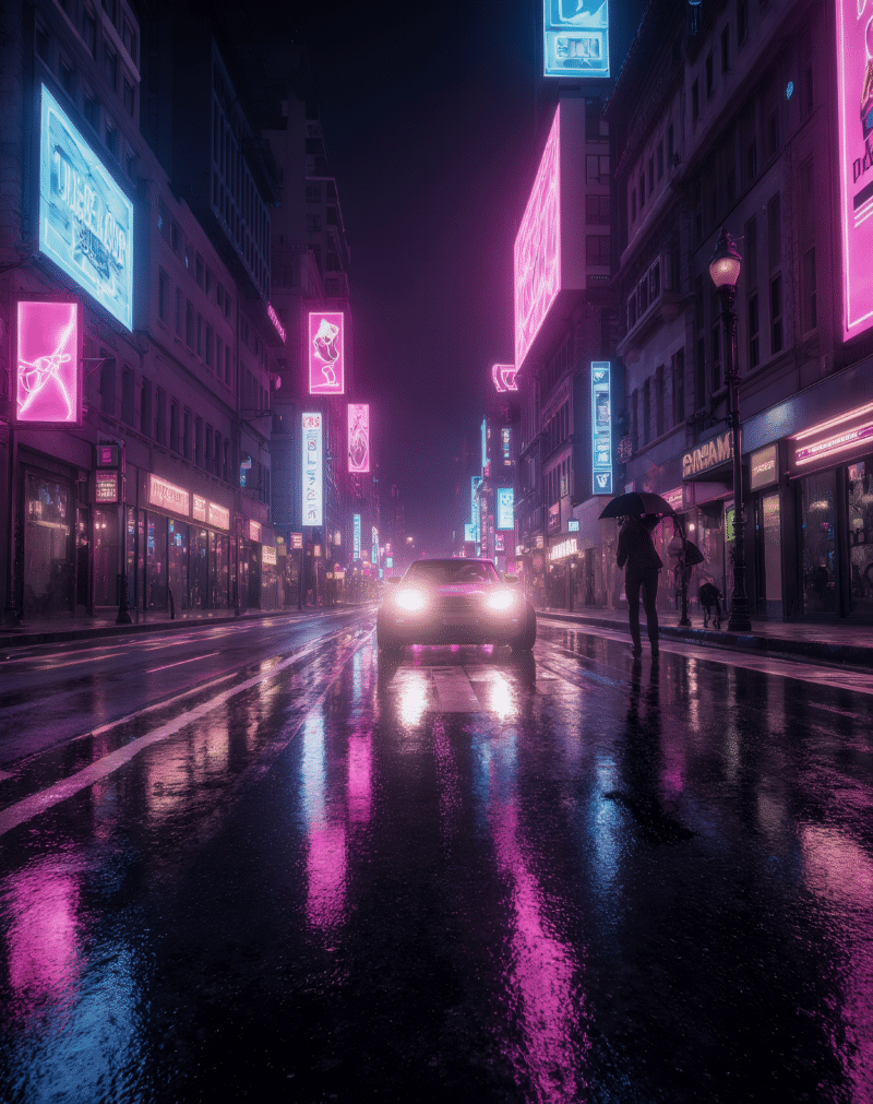 Futuristic cyberpunk street with neon purple and pink lights.