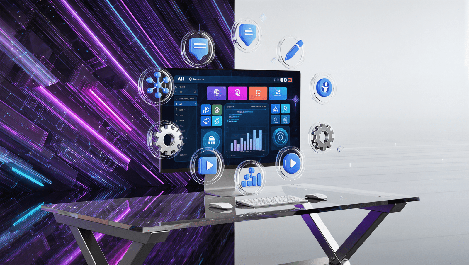 Modern futuristic workspace with a computer screen and floating 3D icons for analytics, video, and automation, representing AI-driven blogging and creative strategies.
