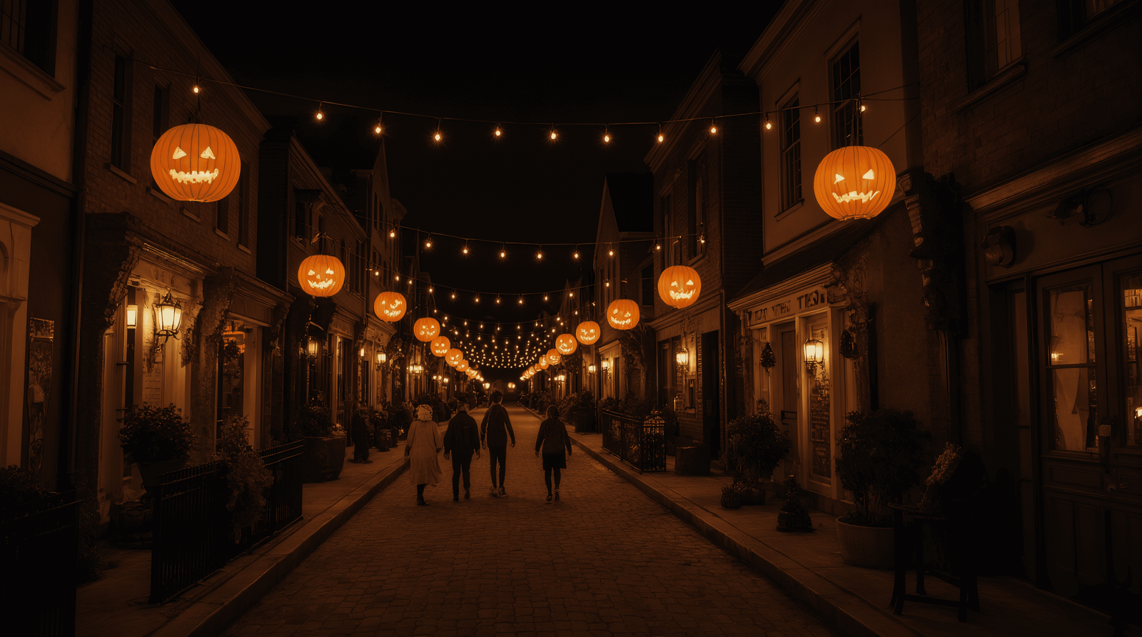 Halloween street decorated with glowing jack-o’-lanterns and festive string lights, people walking down a spooky autumn night scene.