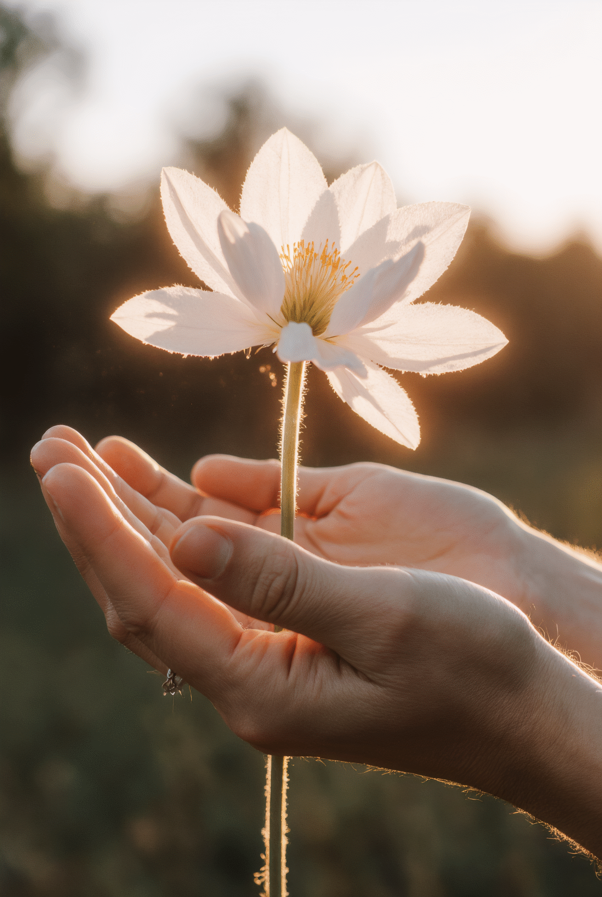 Hands offering blooming flower with sunlight.