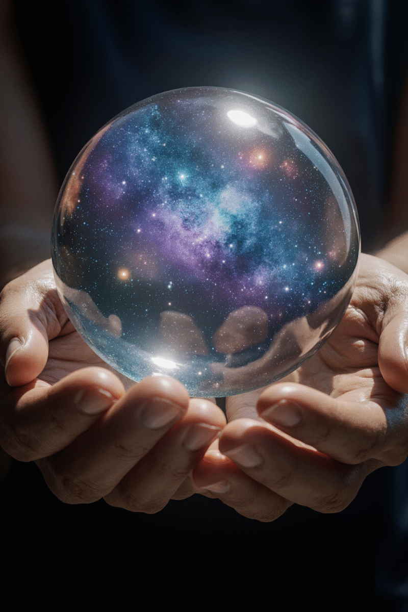 Hands holding crystal sphere with galaxy inside.Guardians of Light – Symbolic Hands Poster Collection