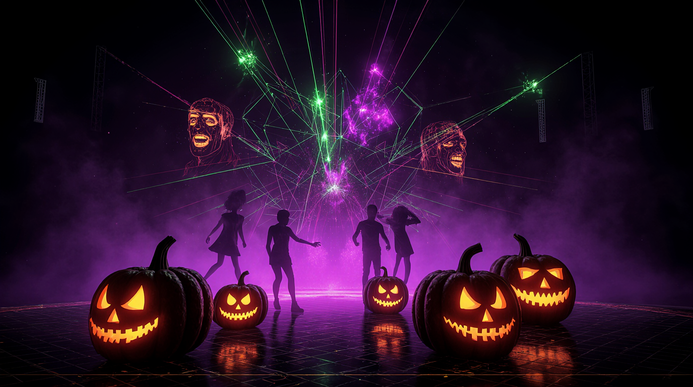 Haunted House – EDM Halloween Party Pack 1 Halloween EDM party scene with glowing jack-o’-lanterns, neon lights, laser effects, and silhouettes of people dancing. Haunted House – EDM Halloween Party Pack
