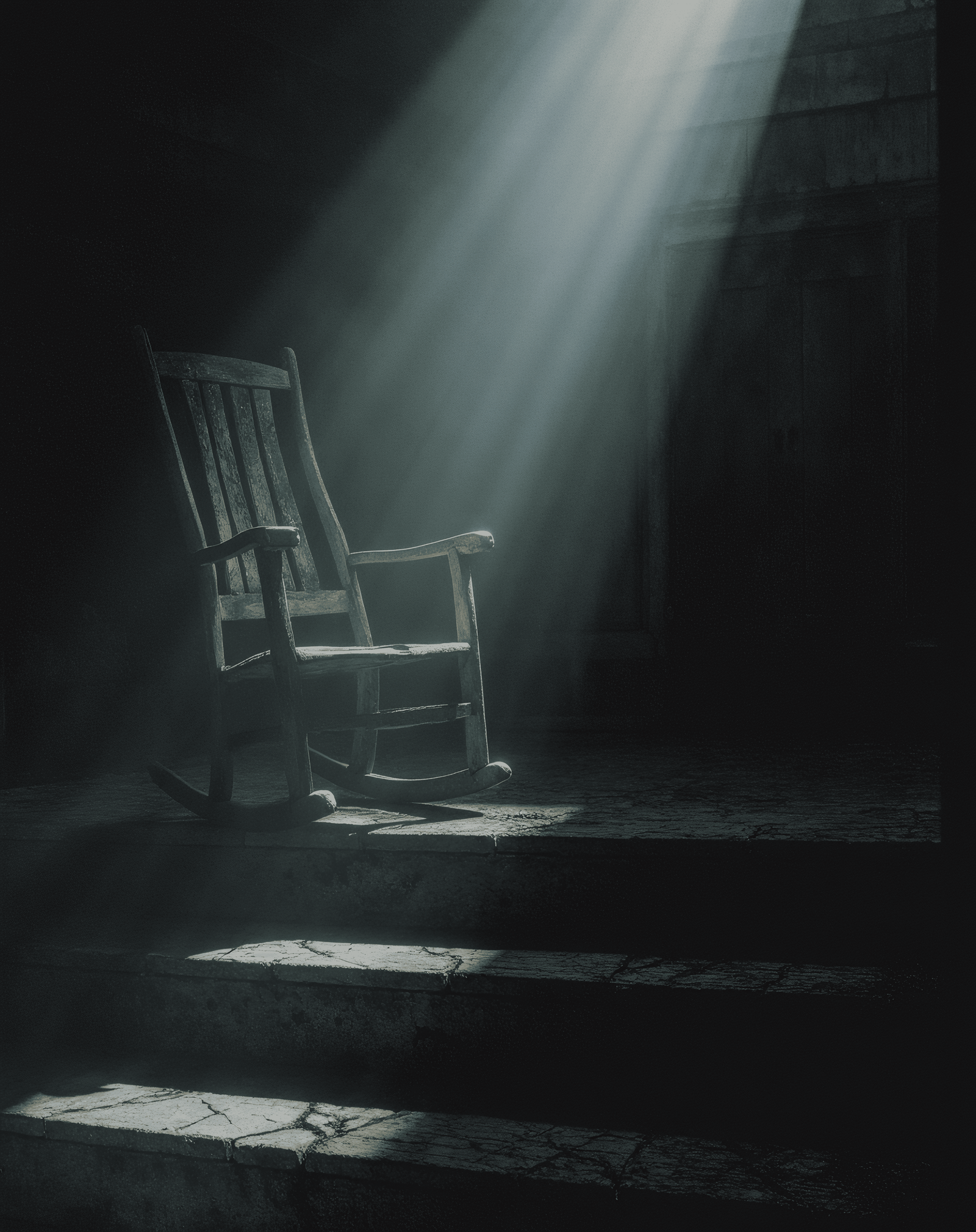 rocking chair near abandoned house, horror movie scene