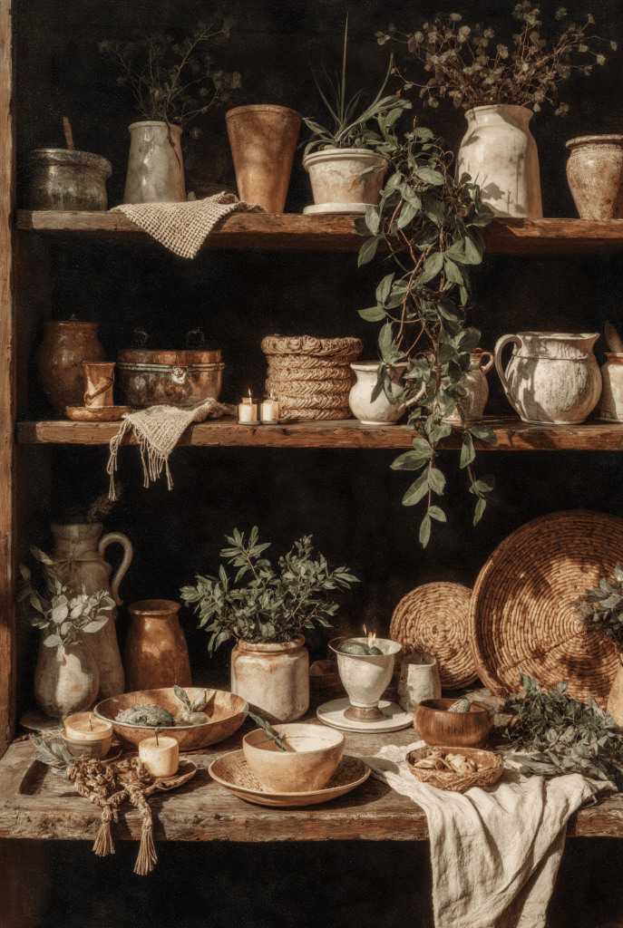Artisan still life with clay pottery, woven baskets, green herbs, and candles on rustic wooden shelves in soft warm lighting