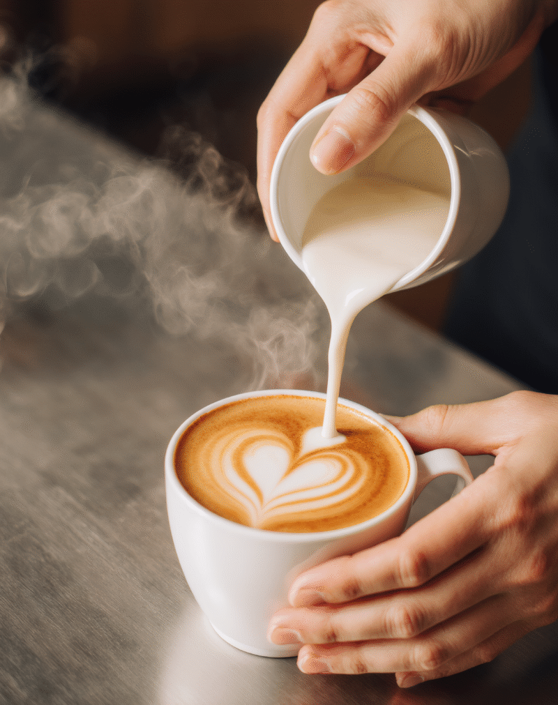 coffee latte with milk in the shape of a heart, order in a cafe
