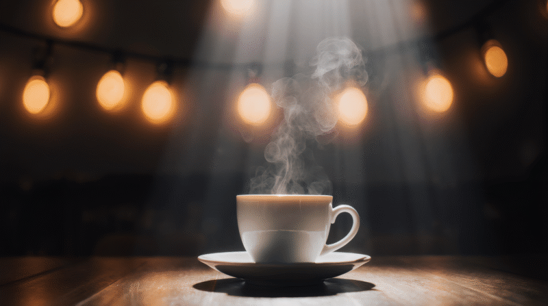 Coffee cup in morning light with steam – cozy café atmosphere.