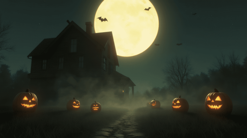 Haunted house under a giant full moon with glowing jack-o’-lanterns, fog, and bats flying in the night sky, spooky Halloween scene.Moonlit Horror House – Halloween Photo & Cinematic Video