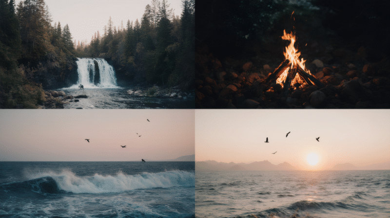the image is divided into 4 parts as a collage, showing a waterfall, fire, sea and sunset