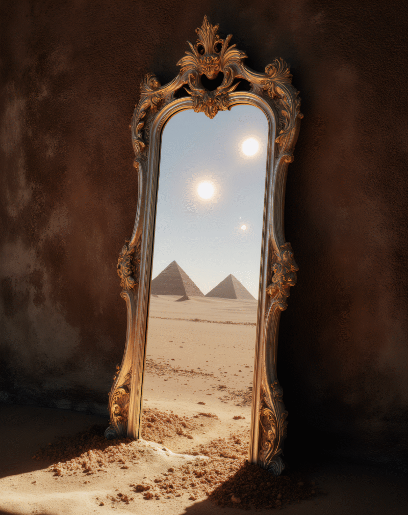 Golden mirror reflecting pyramids and surreal desert sky.