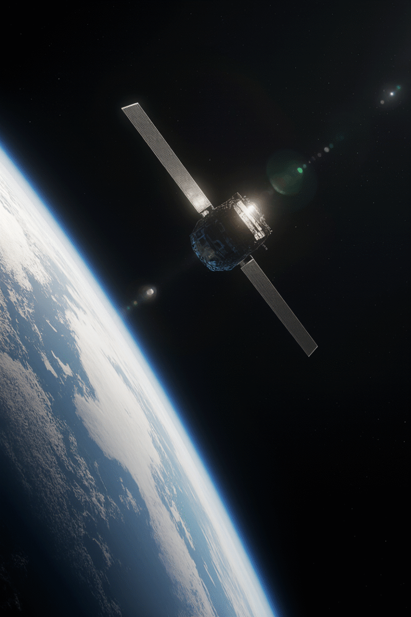 Satellite orbiting Earth in outer space.