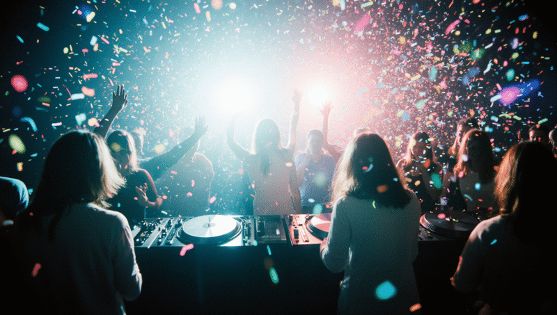 Nightclub scene with people dancing under colorful lights – party energy.