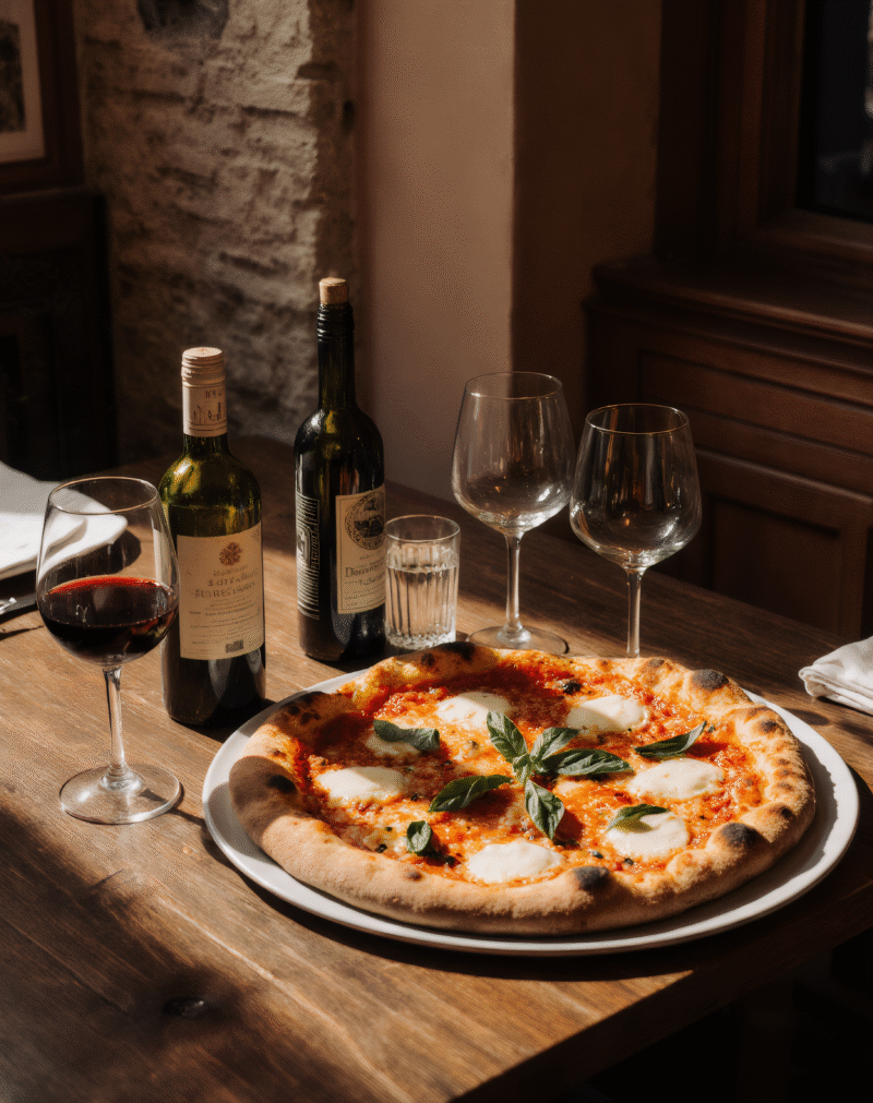pizza on the table and glasses of wine, pleasant atmosphere in an Italian restaurant