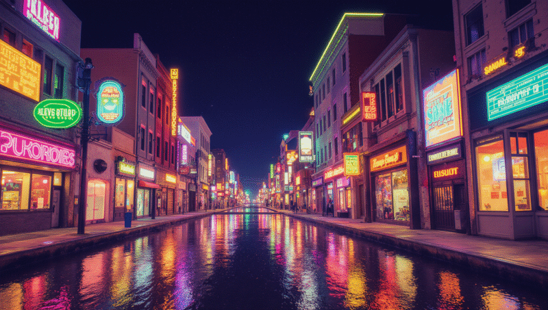 Retro neon cyberpunk city street glowing at night – futuristic vibe.