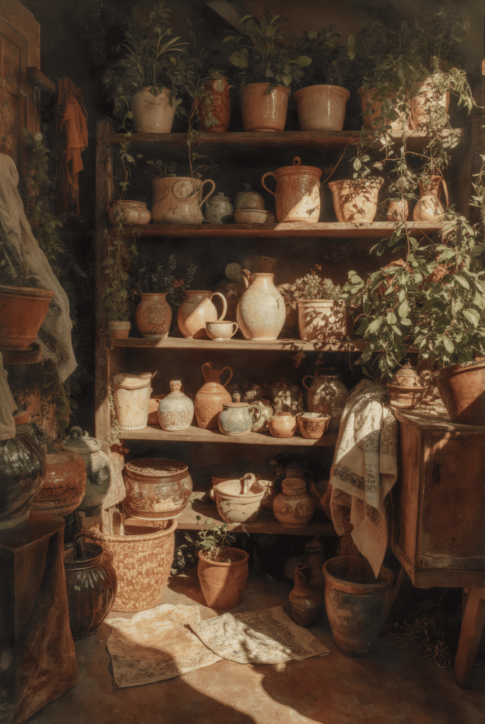 Rustic wooden shelves filled with handmade clay pots, vases, and jars surrounded by plants in warm cozy light