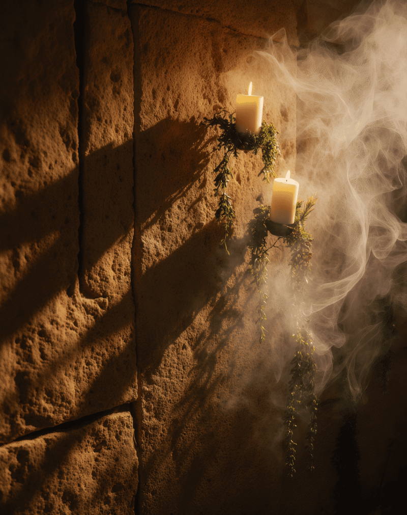 a wall with candles hanging on it, light smoke present and a ray of sunlight shining through. Candlelit Witch Ritual – Halloween B-roll & Image Pack