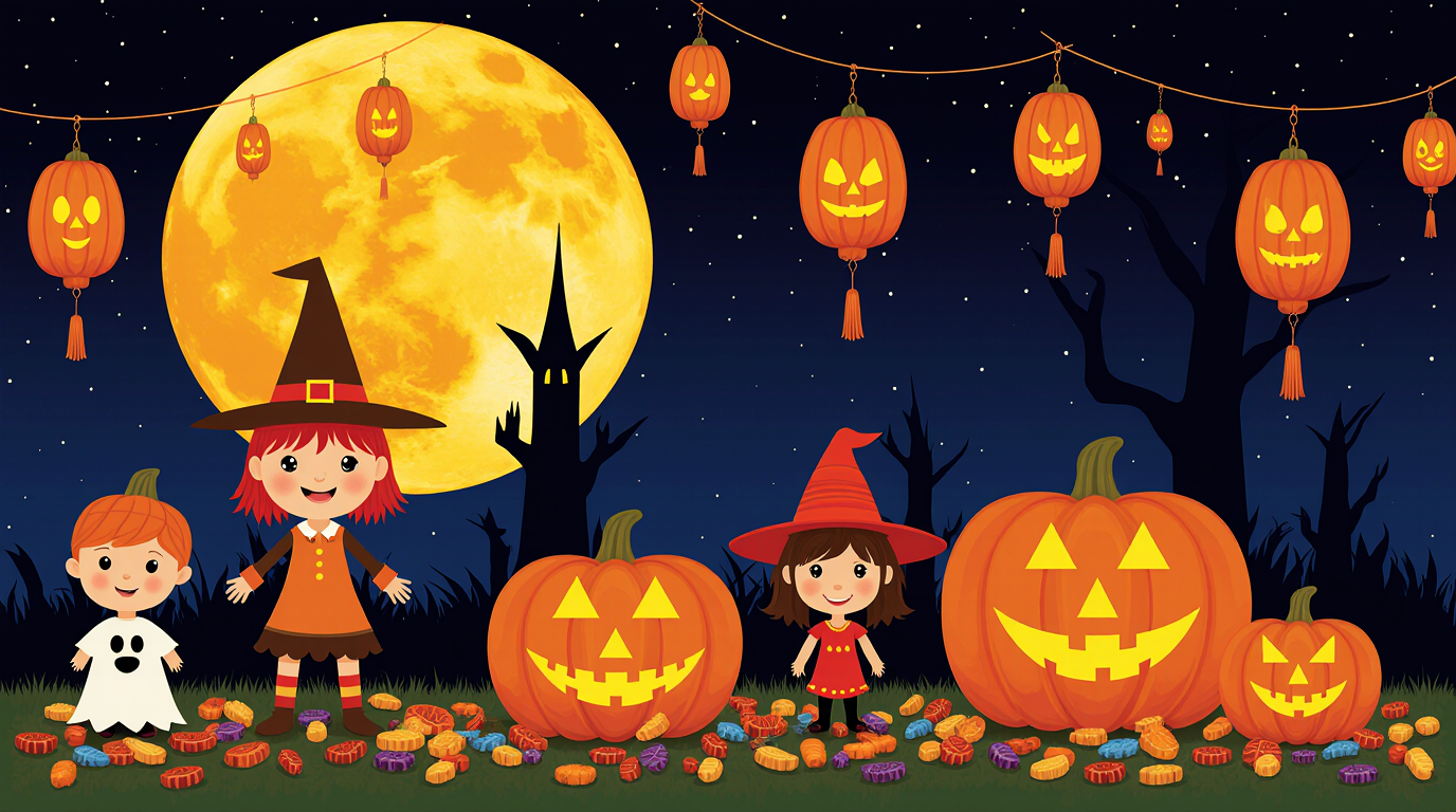Spooky Fun – Kids Halloween Music Pack 1 Cute Halloween scene with children in costumes, glowing jack-o’-lanterns, and candy under a full moon and festive lanterns. Spooky Fun – Kids Halloween Music Pack