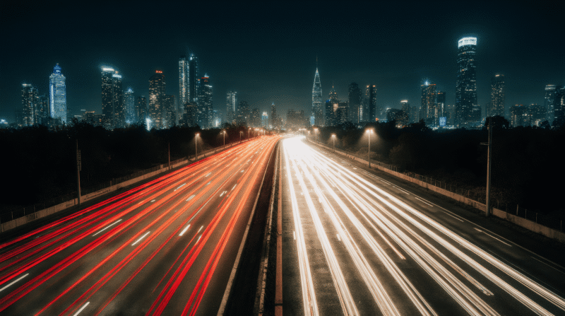 Long exposure of busy city highway with light trails at night.