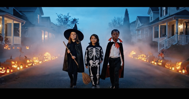 Three kids in Halloween costumes — witch, skeleton, and vampire — walking down a foggy street lined with glowing jack-o’-lanterns. Trick-or-Treating on the Street – Halloween Kids Video