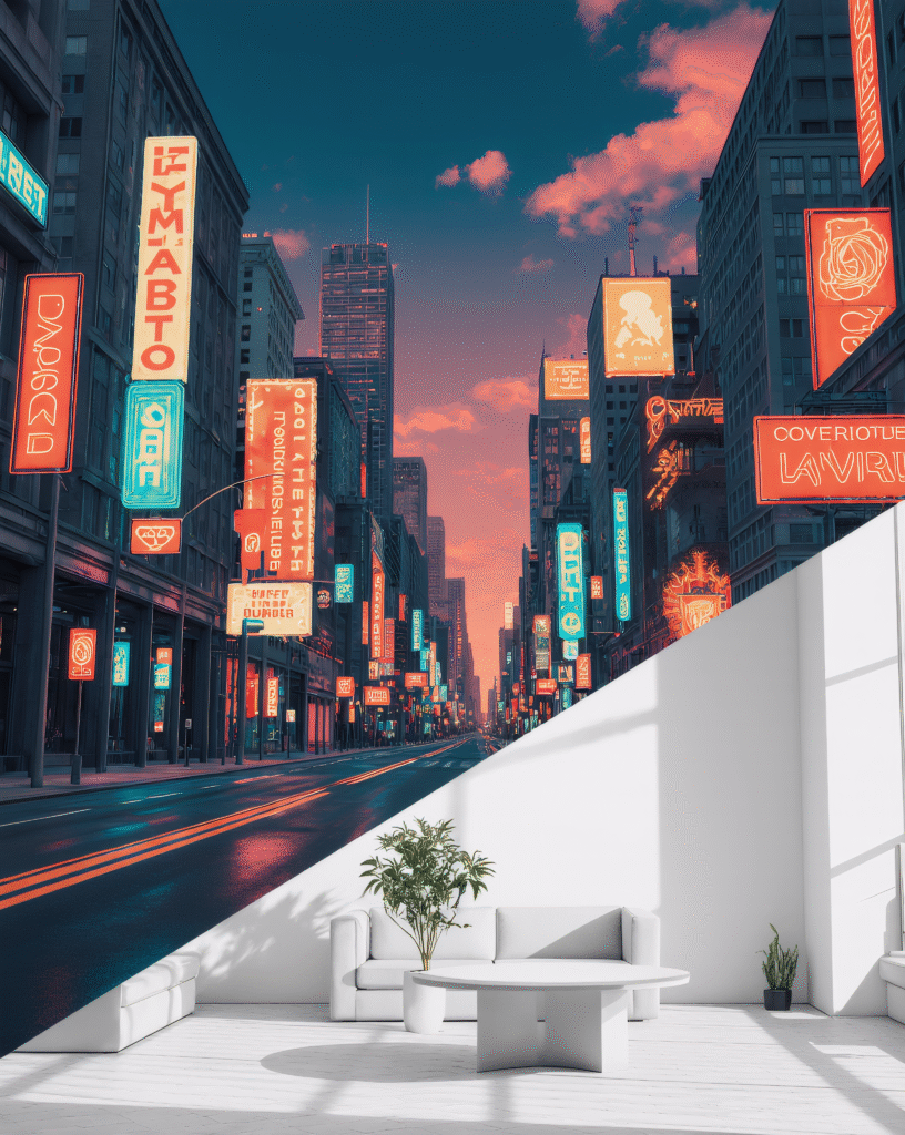 A neon street of a metropolis under the evening sky smoothly transitions into a modern white interior with minimalist furniture.