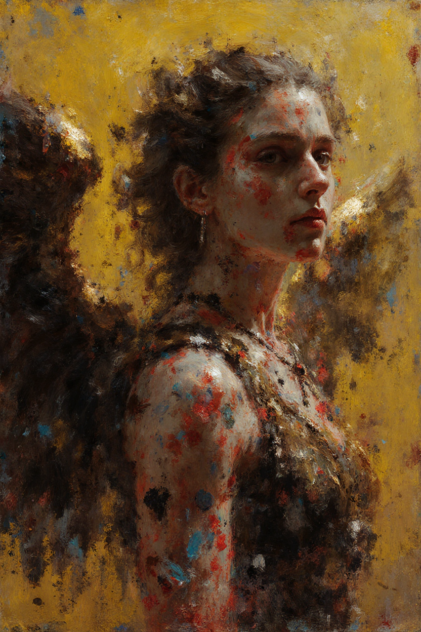 Veil of Serenity – Dark Fantasy Art Video 1 Painterly portrait of a haunting angelic figure with dark wings and textured brushstroke details, set against a golden background.