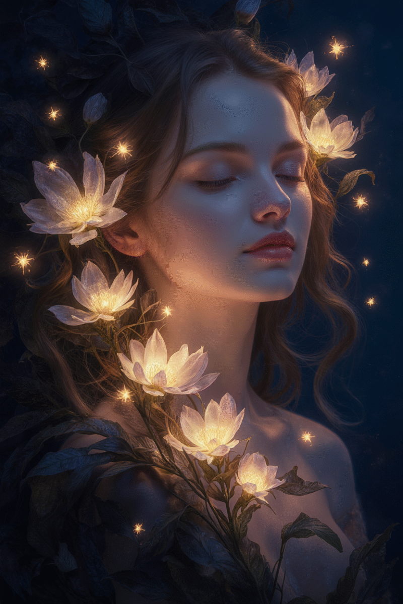 a fairy-tale girl with beautiful flowers braided in her hair, she is dreaming about something with her eyes close.Whispers of Nature – Mystical Night Poster Collection