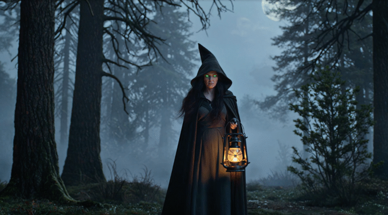 Witch with glowing green eyes holding a lantern in a dark forest under the moonlight, spooky Halloween scene. Witch in the Moonlight – Cinematic Halloween Video