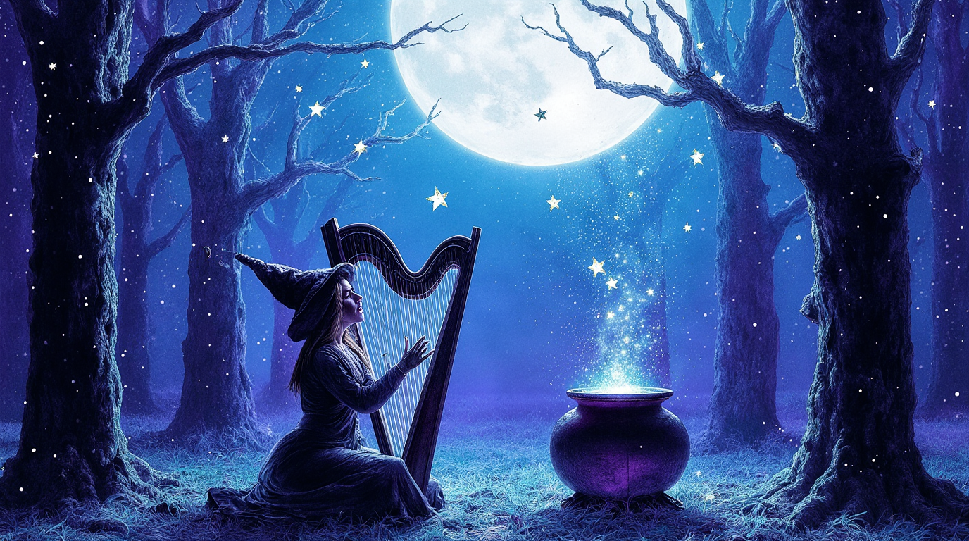 Witch’s Lullaby – Fantasy Halloween Music Pack 1 Enchanting forest scene with a witch playing a harp under the full moon, glowing stars and a magical cauldron..Witch’s Lullaby – Fantasy Halloween Music Pack