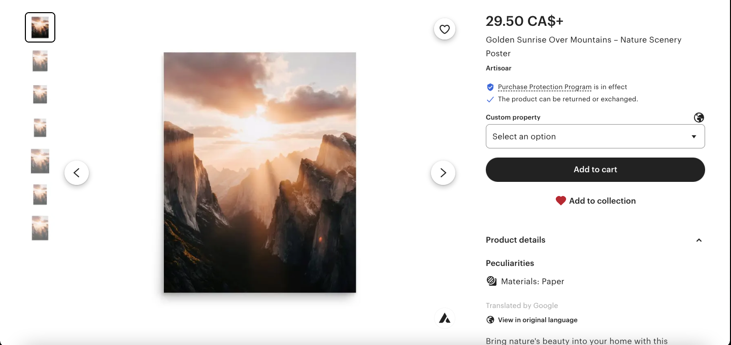 The screenshot shows the Etsy marketplace, which shows a printable print. Beautiful Mountains at sunset.