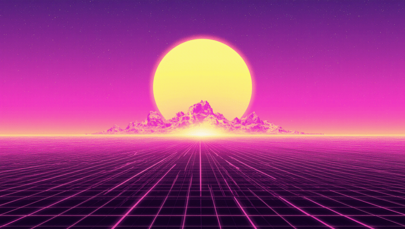 sunrise in the cyberspace, a matrix is ​​depicted below in purple and stripes as if in a square. Retro Synthwave Backgrounds