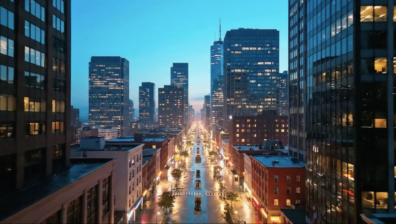 The camera captures a view of the city from a drone, showing the central road illuminated by warm light bulbs, surrounded by skyscrapers and houses. Night in the City — Jazz Bar | 4K Cinematic Video with Original Jazz Music