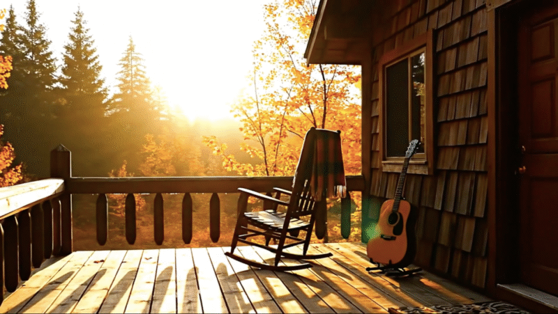 Autumn morning on the terrace near a wooden house in the forest, on the terrace of which there is a chair like a swing and a guitar. Somewhere Between the Leaves. 4K Cinematic Autumn Video