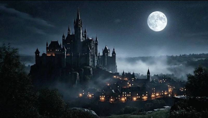 a gothic castle near which is a small town preparing to celebrate Halloween